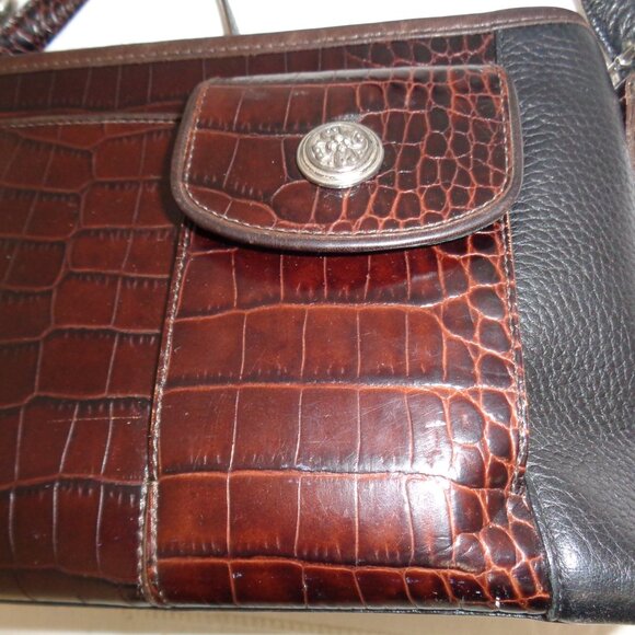 VTG BRIGHTON Organizer Black & Brown Leather Croc Embossed Shoulder Bag Purse - Picture 15 of 16
